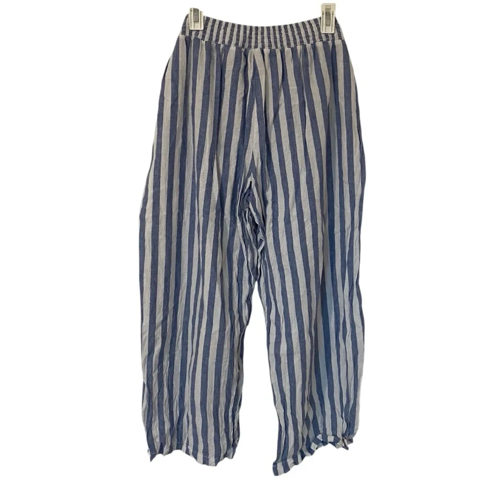 Beachlunchlounge Women’s Giavanna Linen Tie Blue and Cream Striped Pants Size XL - Picture 6 of 8